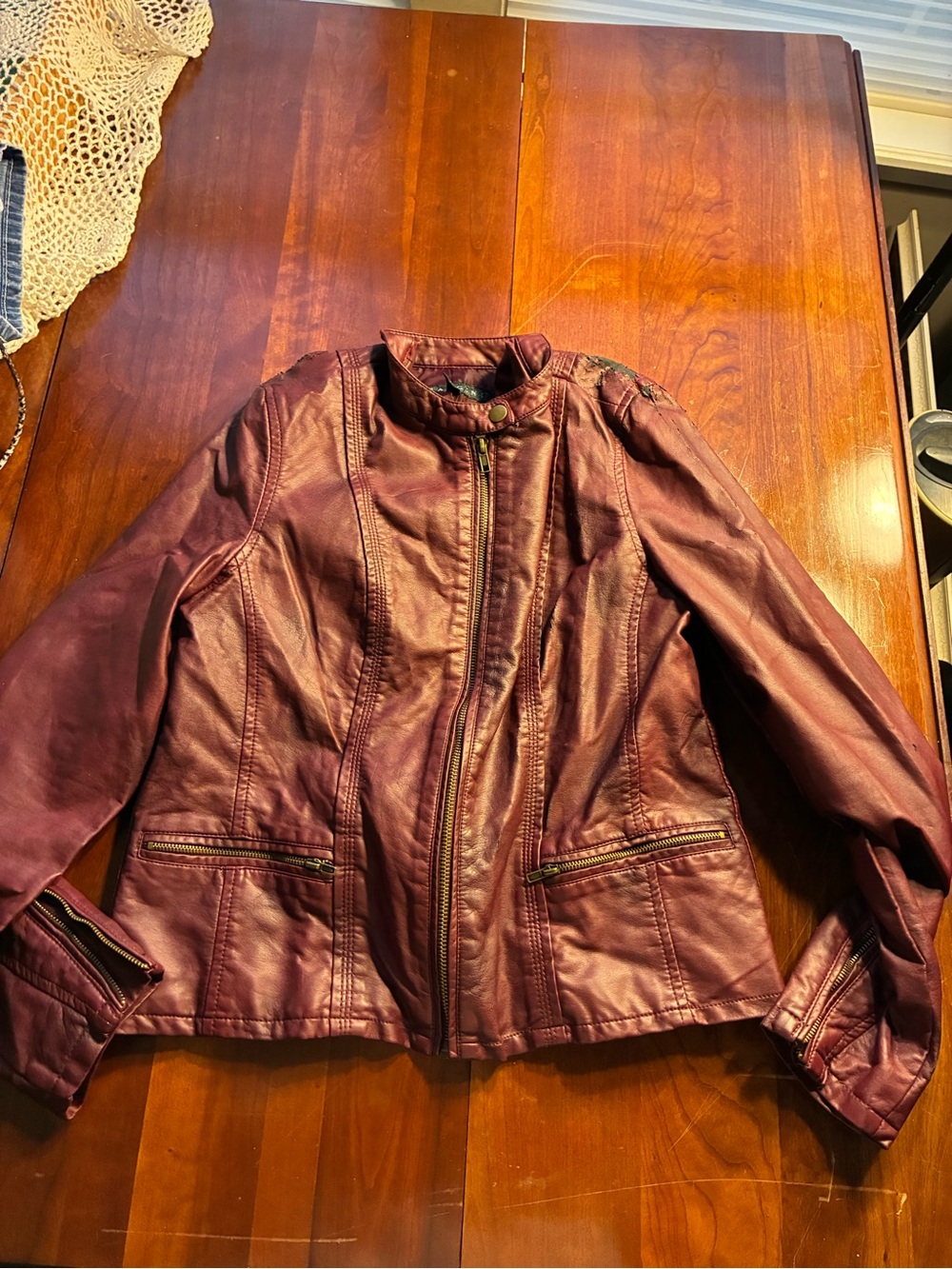 Women's Faux Leather Moto Jacket in Deep Burgundy